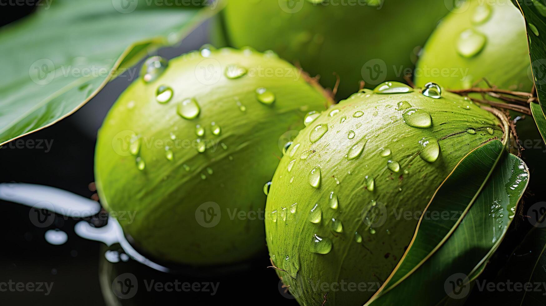 AI generated Young green coconut fruits on tree with water drop. Generated by artificial intelligence photo