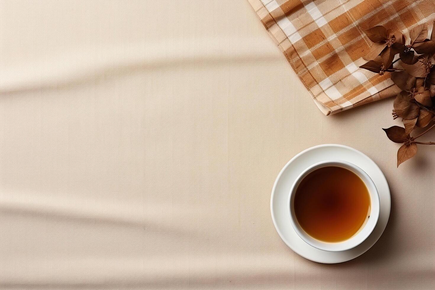 AI generated Top view of a cup of tea on a table in a cafe. Generated by artificial intelligence photo