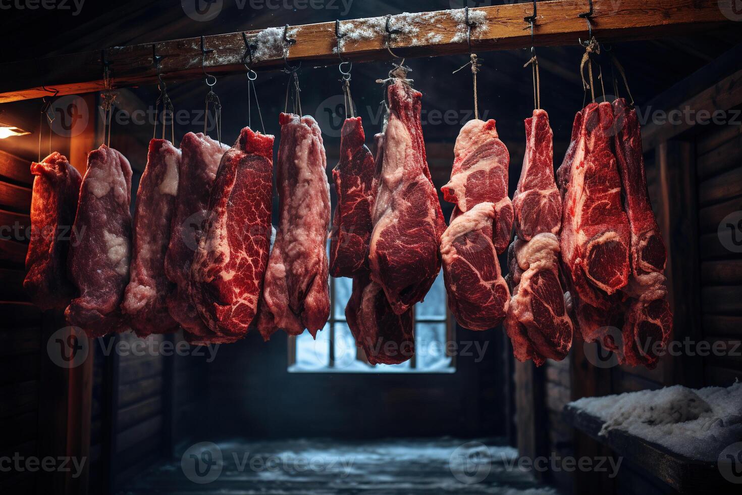 AI generated Pieces of fresh meat are suspended on a rope. Generated by artificial intelligence photo