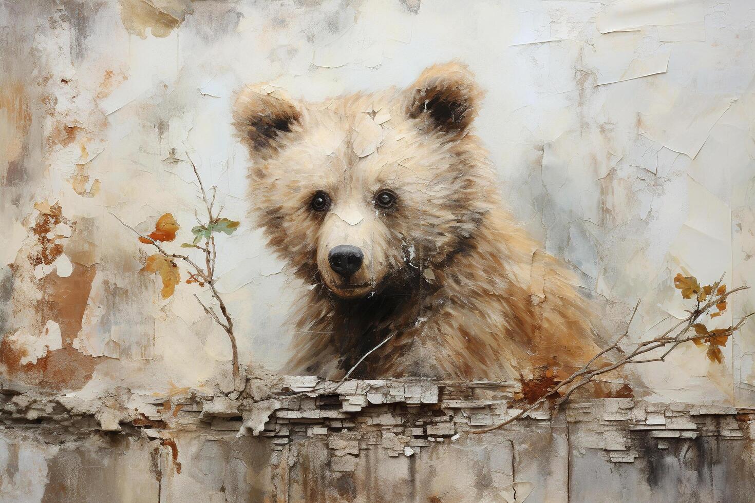 AI generated An old shabby wall with a drawing of a brown bear cub. Generated by artificial intelligence photo