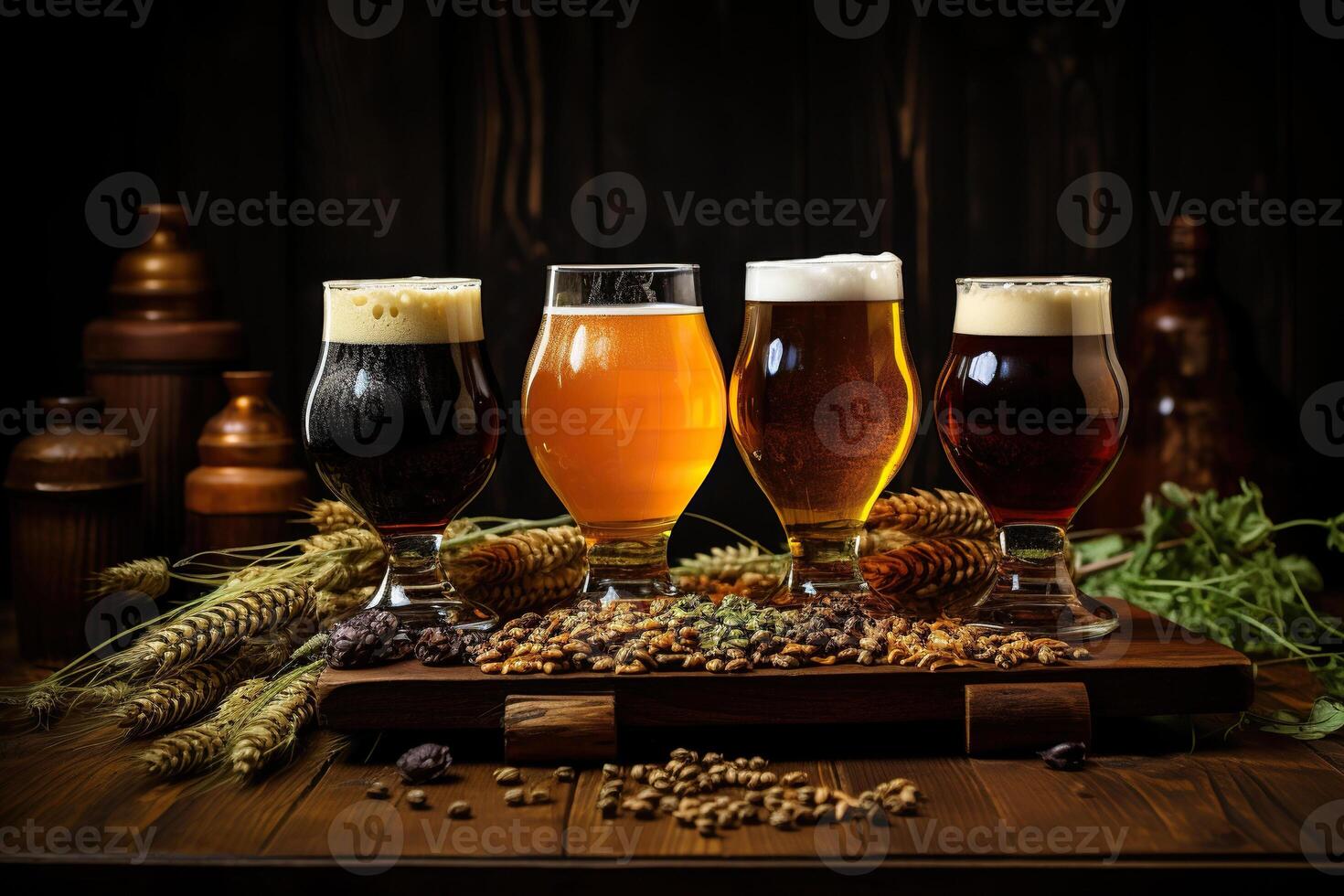 AI generated A set of four glasses of different types of beer on a wooden table with ears of wheat. Generated by artificial intelligence photo