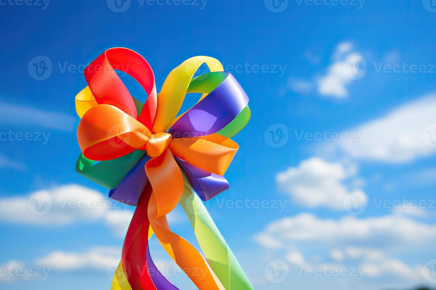 AI generated Multi-colored ribbons are tied into a bow in the blue sky. LGBT pride symbol. Generated by artificial intelligence photo