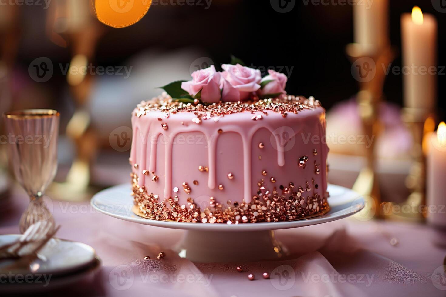 AI generated Festive pink cake decorated with gold and fresh flowers. Generated by artificial intelligence photo