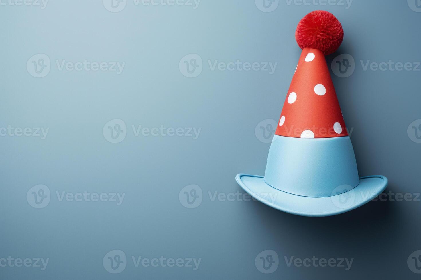 AI generated Multicolored clown hat on a blue background with space for text. April Fool's Day. Generated by artificial intelligence photo