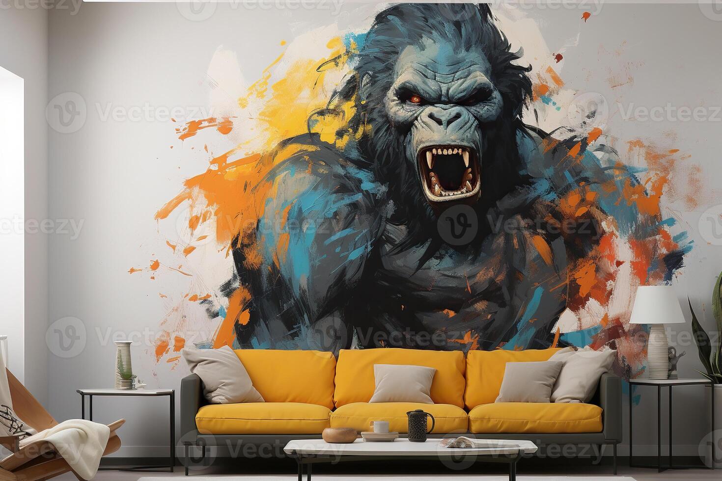 AI generated Room interior with a yellow sofa and a drawing of a large gorilla on the wall.. Generated by artificial intelligence photo