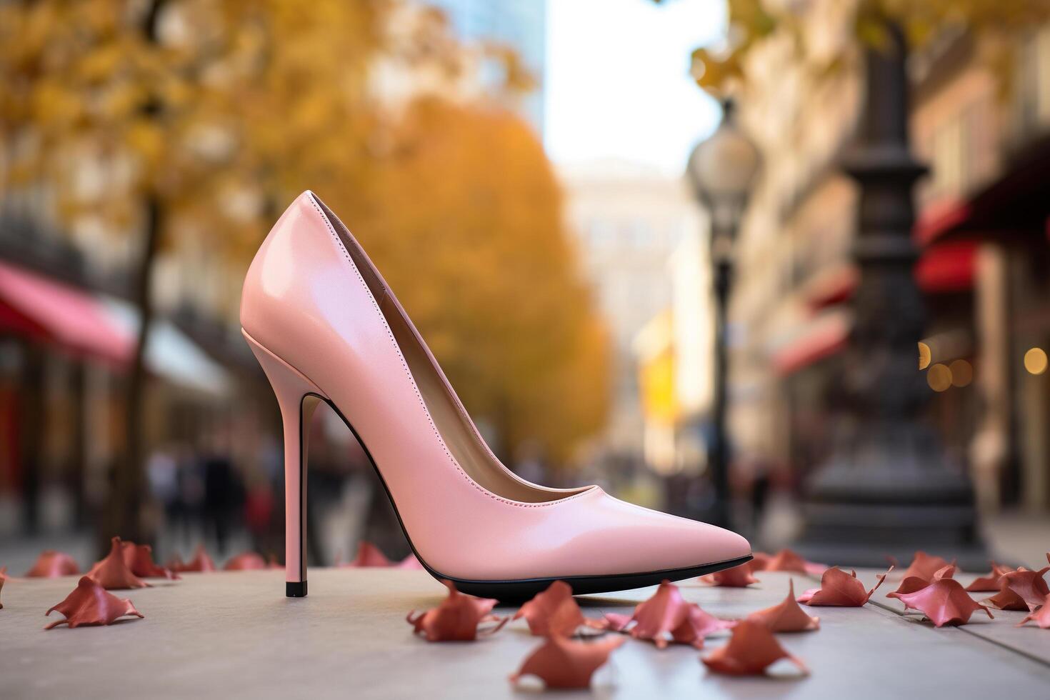 ai generado rosado De las mujeres tacones altos Zapatos un ciudad bokeh antecedentes. generado por artificial inteligencia foto