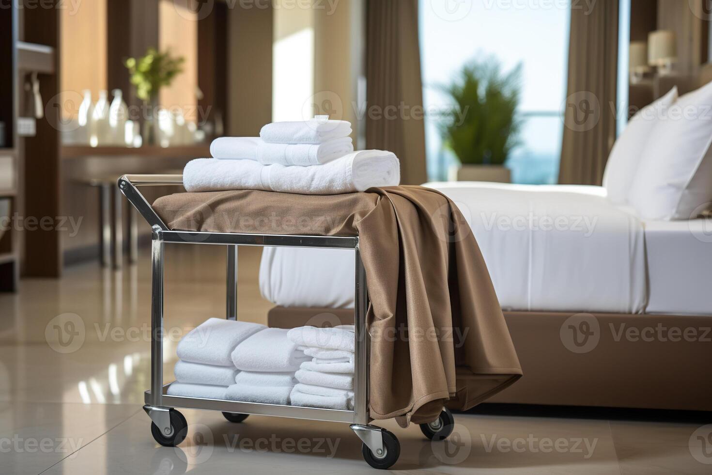 AI generated Hotel maid trolley, trolley with snow-white clean towels. Room cleaning concept. Generated by artificial intelligence photo