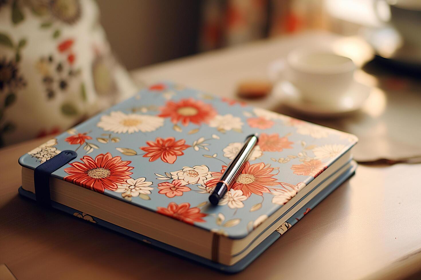 AI generated Cute blue diary with flowers on the cover and a ballpoint pen on the blur. Generated by artificial intelligence photo