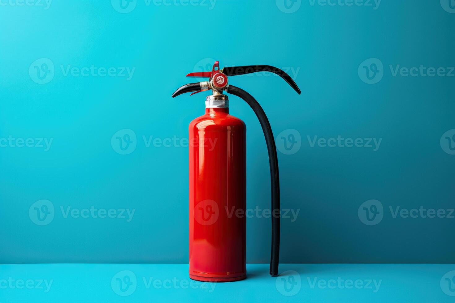 AI generated A red fire extinguisher stands on a blue background, space for text. Generated by artificial intelligence photo