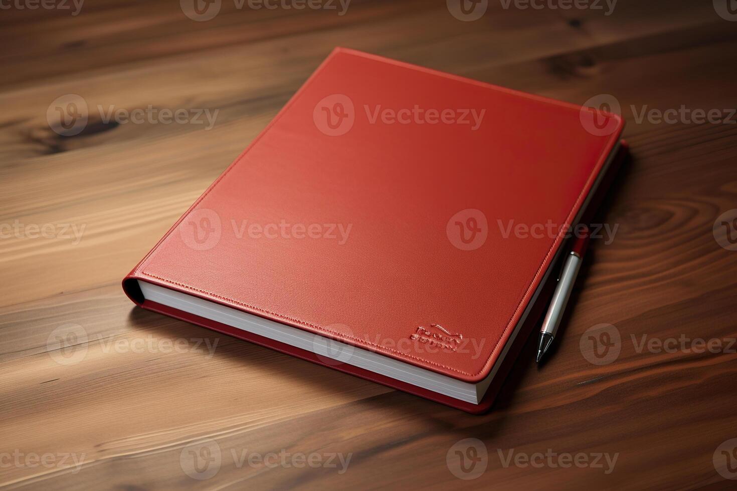AI generated Closed red notebook on a wooden table. Generated by artificial intelligence photo