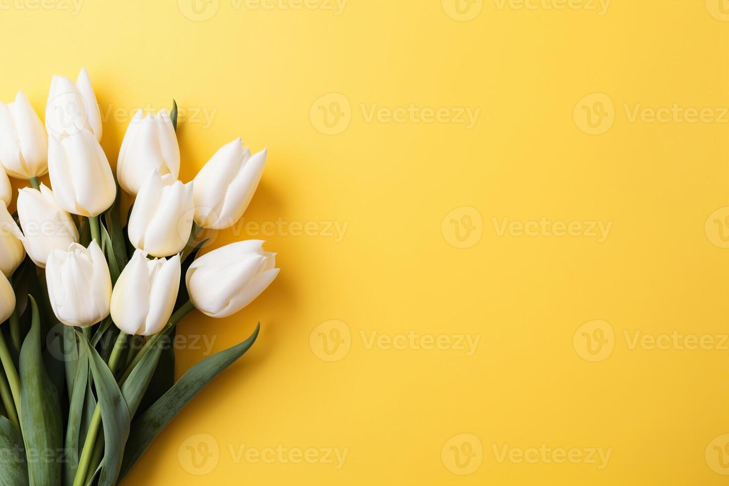 AI generated Bouquet of beautiful white tulips on a yellow background on the right. Spring, summer greeting background. Generated by artificial intelligence photo