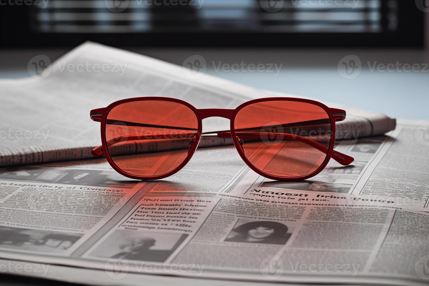 AI generated Glasses with red lenses lie on top of the newspaper. Generated by artificial intelligence photo