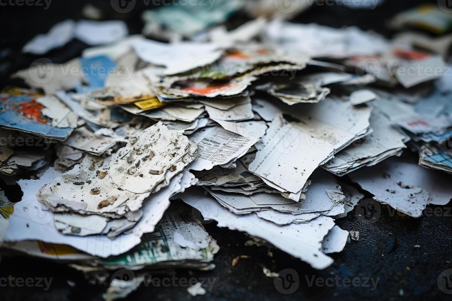 AI generated A pile of old dirty scraps of papers and newspapers on the ground. Generated by artificial intelligence photo