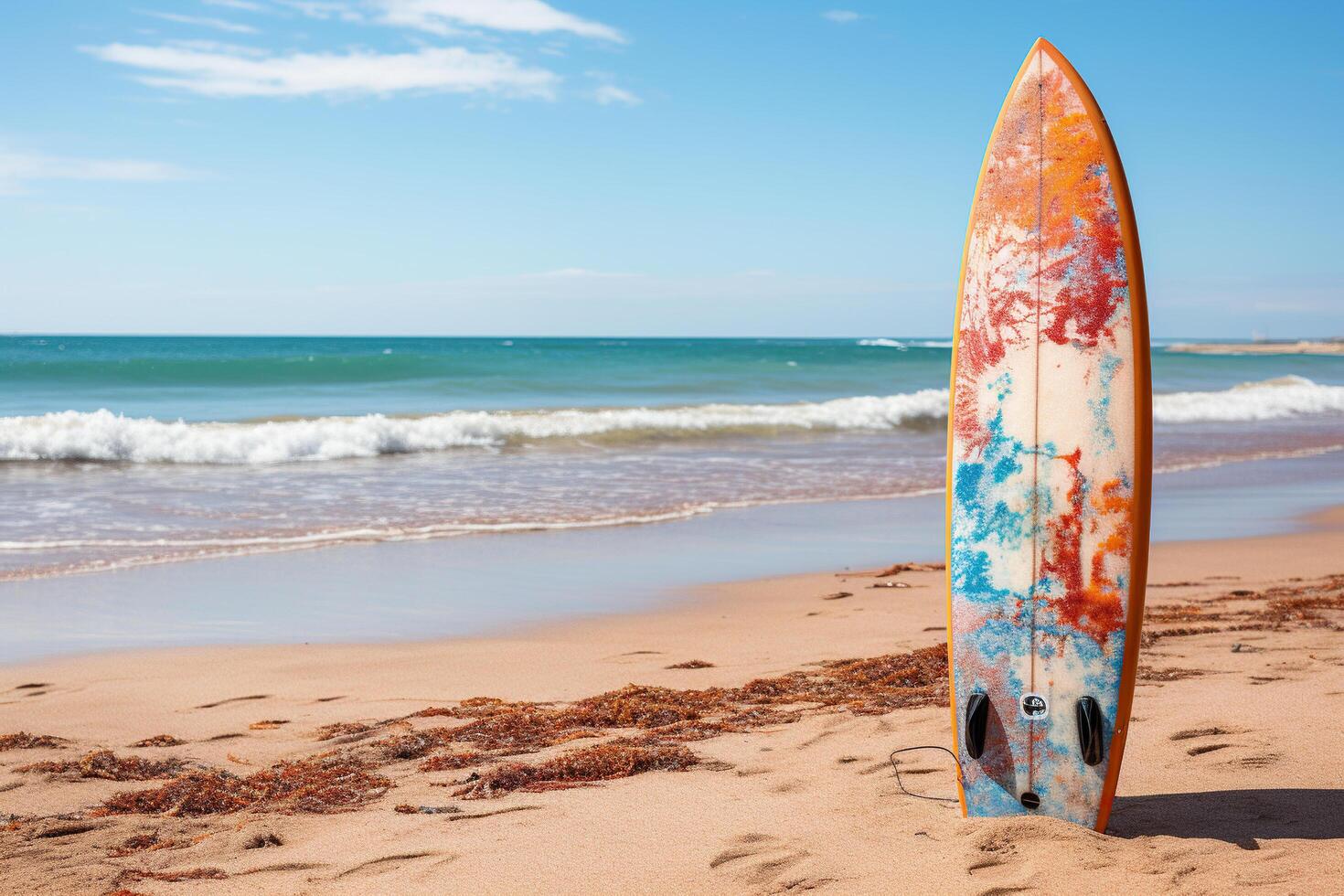 AI generated Surfboard in the sand on the beach near the sea wave. Generated by artificial intelligence photo