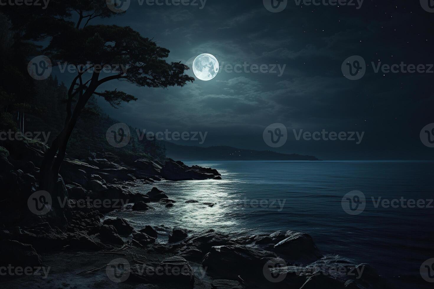AI generated Night seascape. Seashore in the moonlight. Generated by artificial intelligence photo