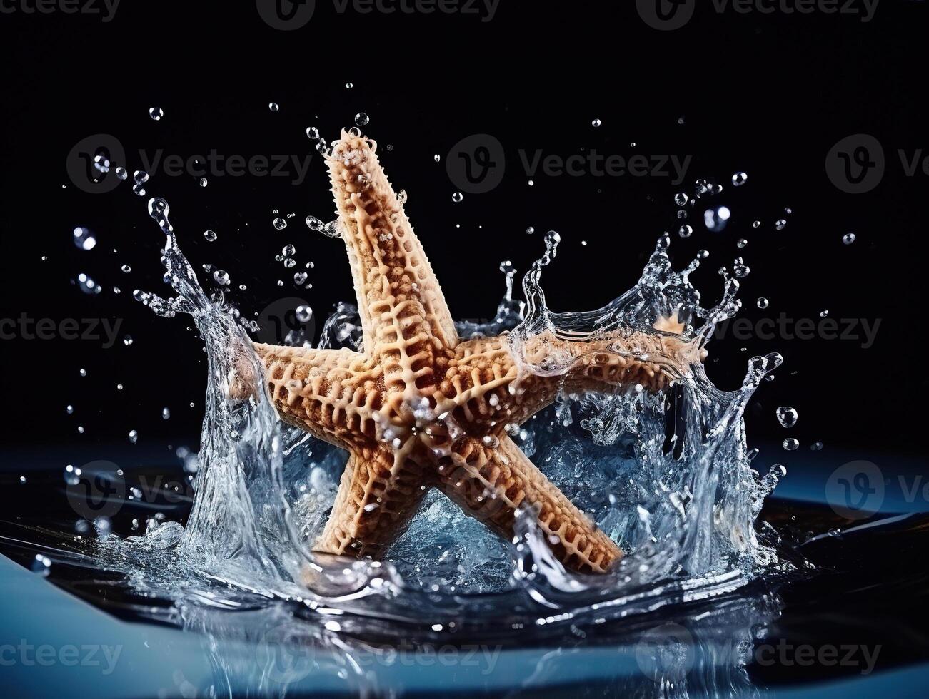 AI generated Starfish in splashes of water isolated on a black background. Generated by artificial intelligence photo