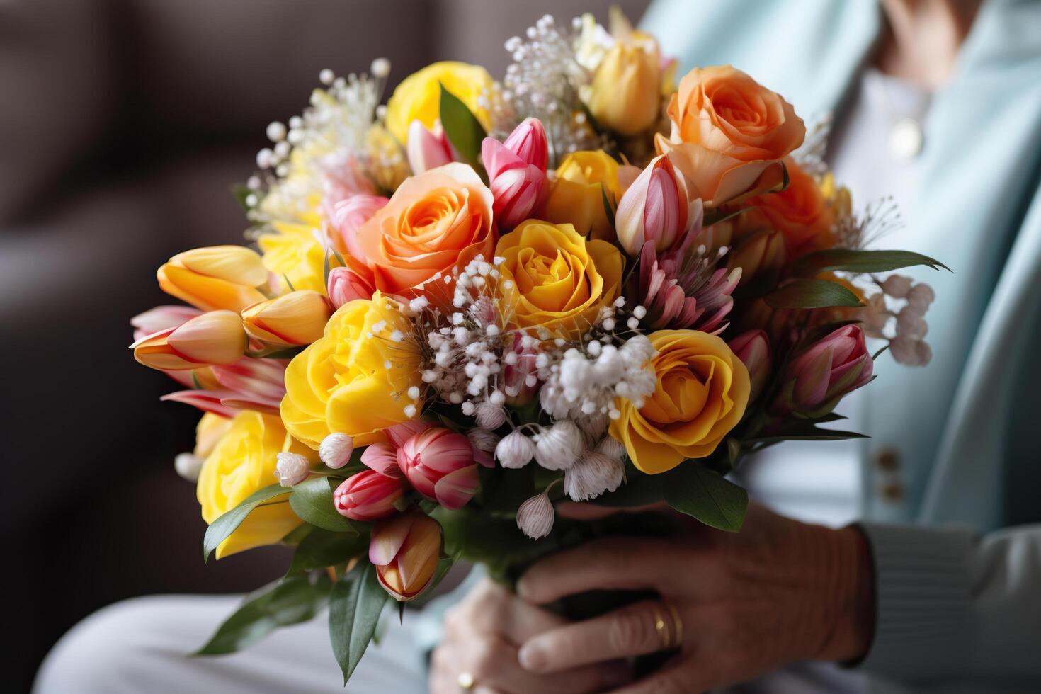 AI generated A beautiful bouquet of flowers in the hands of an elderly woman. Mother's day concept, March 8th. Generated by artificial intelligence photo