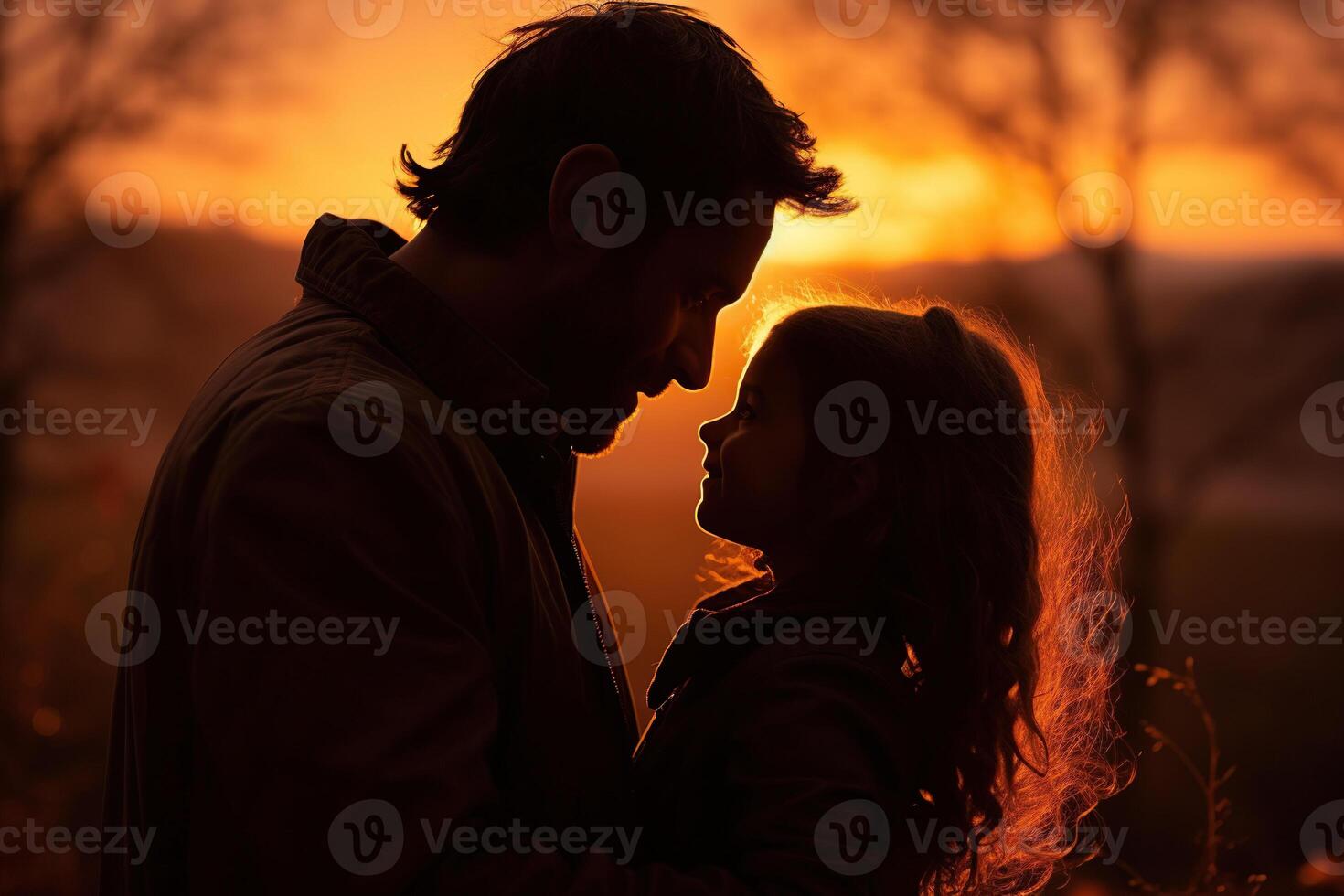 AI generated Silhouette of a little girl and dad against a sunset background. Generated by artificial intelligence photo