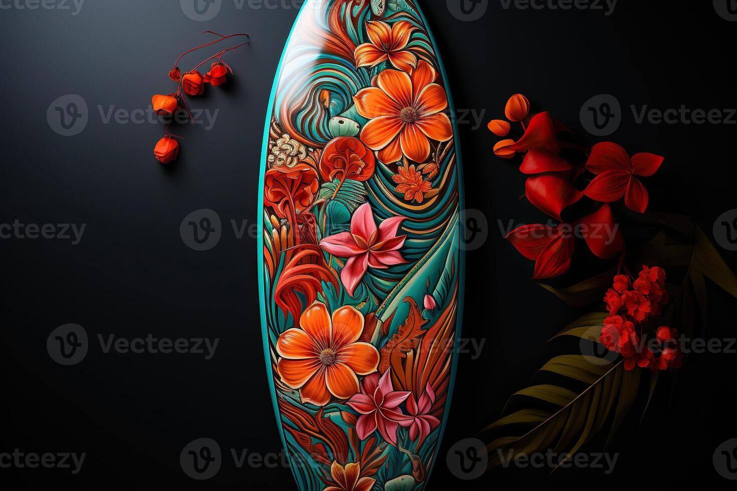 AI generated Surfboard with a beautiful color pattern on a black background. Generated by artificial intelligence photo
