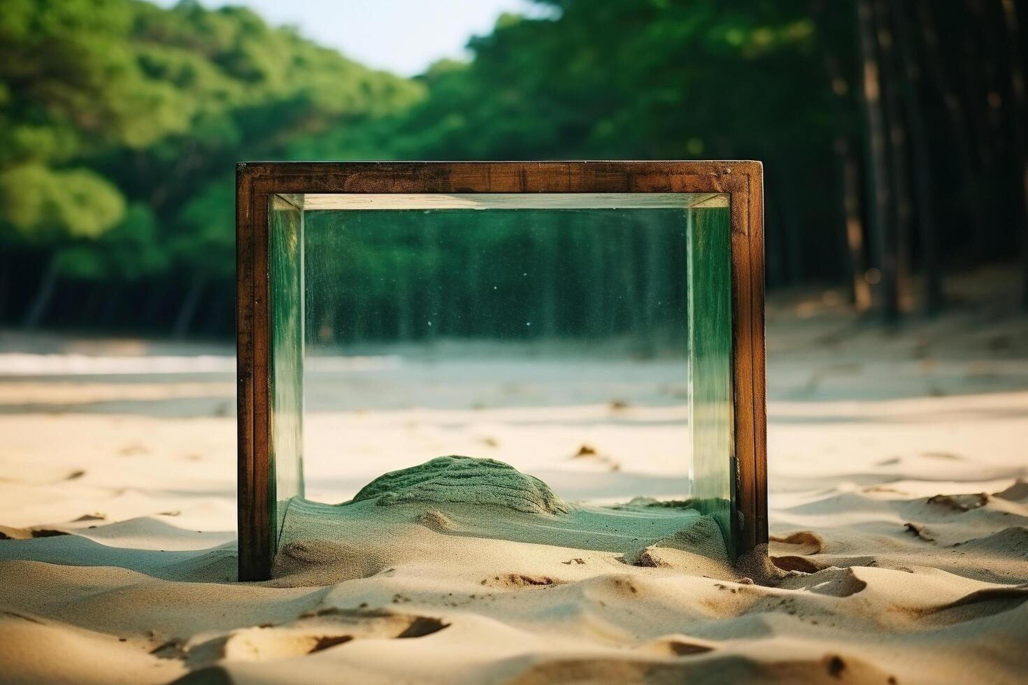 AI generated Glass cube on the sand. Search for meaning. Generative AI photo