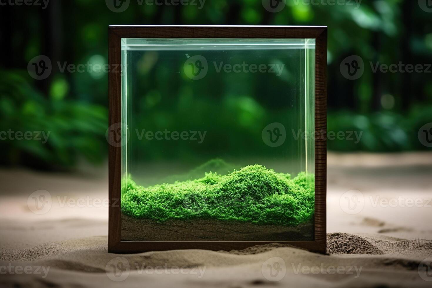 AI generated Green moss in a glass cube on the sand. Climate and ecology concept. Generative AI photo