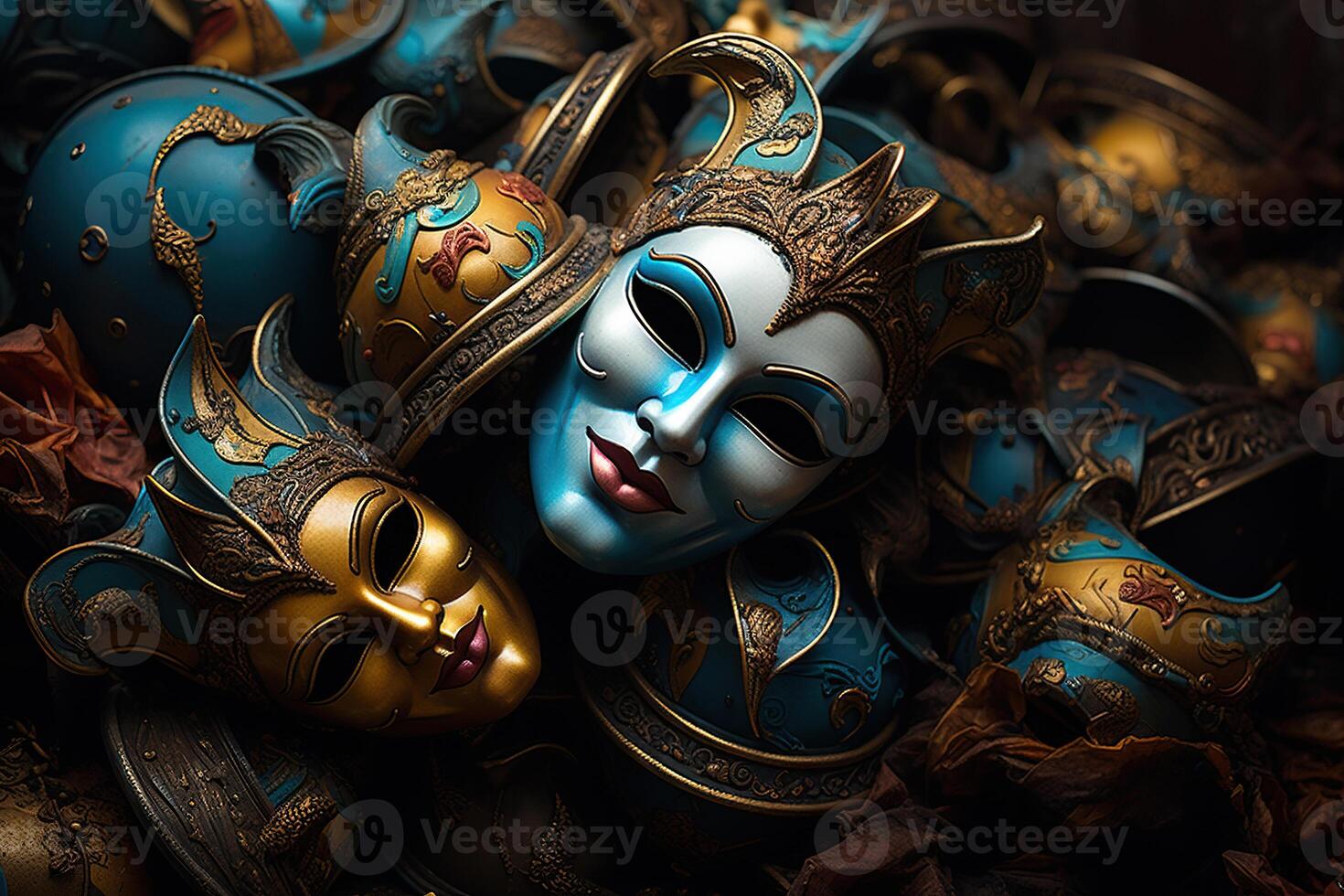 AI generated Women's carnival masks with gold decoration. The concept of masquerade, carnival. Generated by artificial intelligence photo