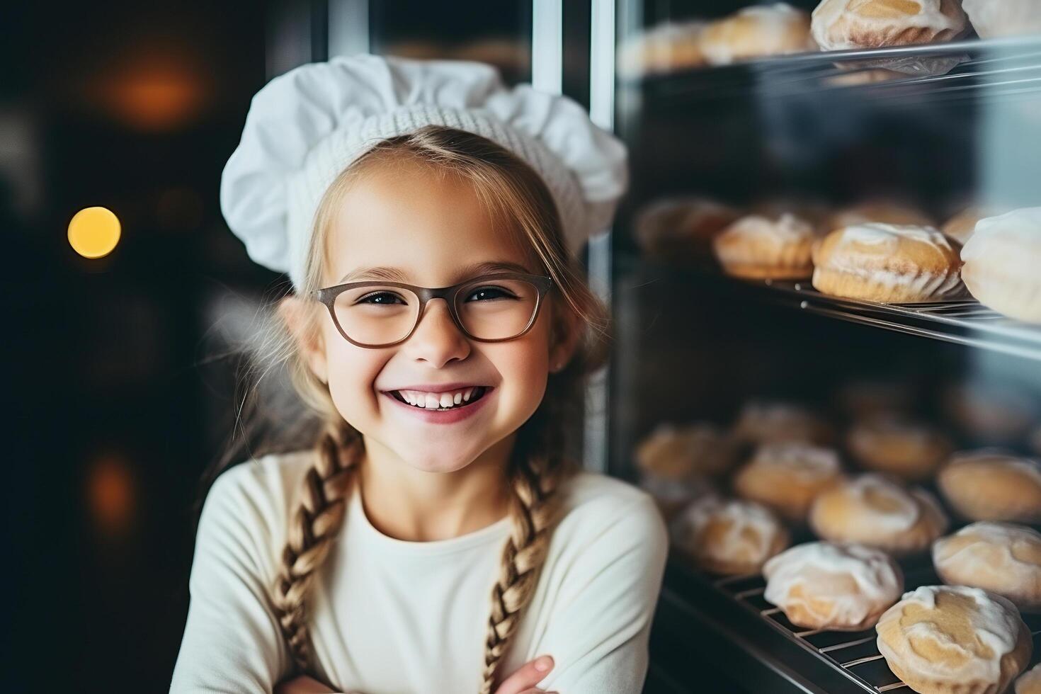 AI generated A little girl in a chef's suit and glasses next to fresh baked goods. A little girl in a chef's suit and glasses next to fresh baked goods. photo
