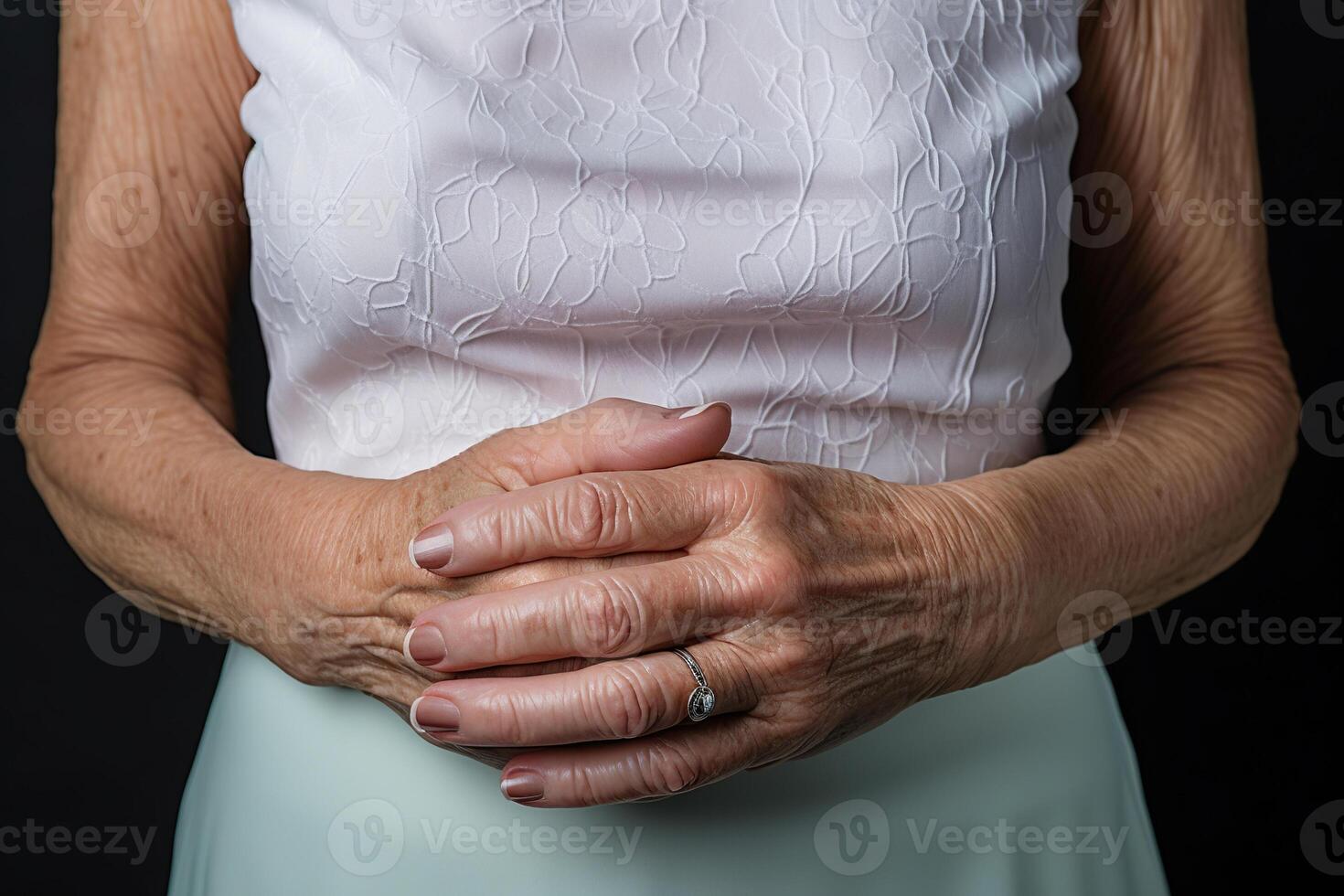 AI generated Close-up of well-groomed hands with a beautiful manicure of an elderly woman. Generated by artificial intelligence photo