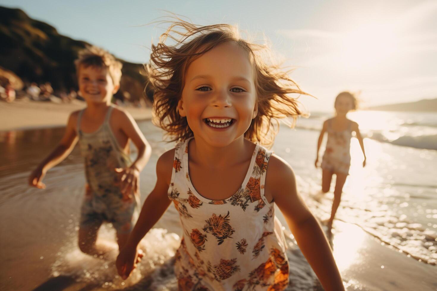ai generado contento niños correr a lo largo el playa en el rociar de mar ondas. generado por artificial inteligencia foto