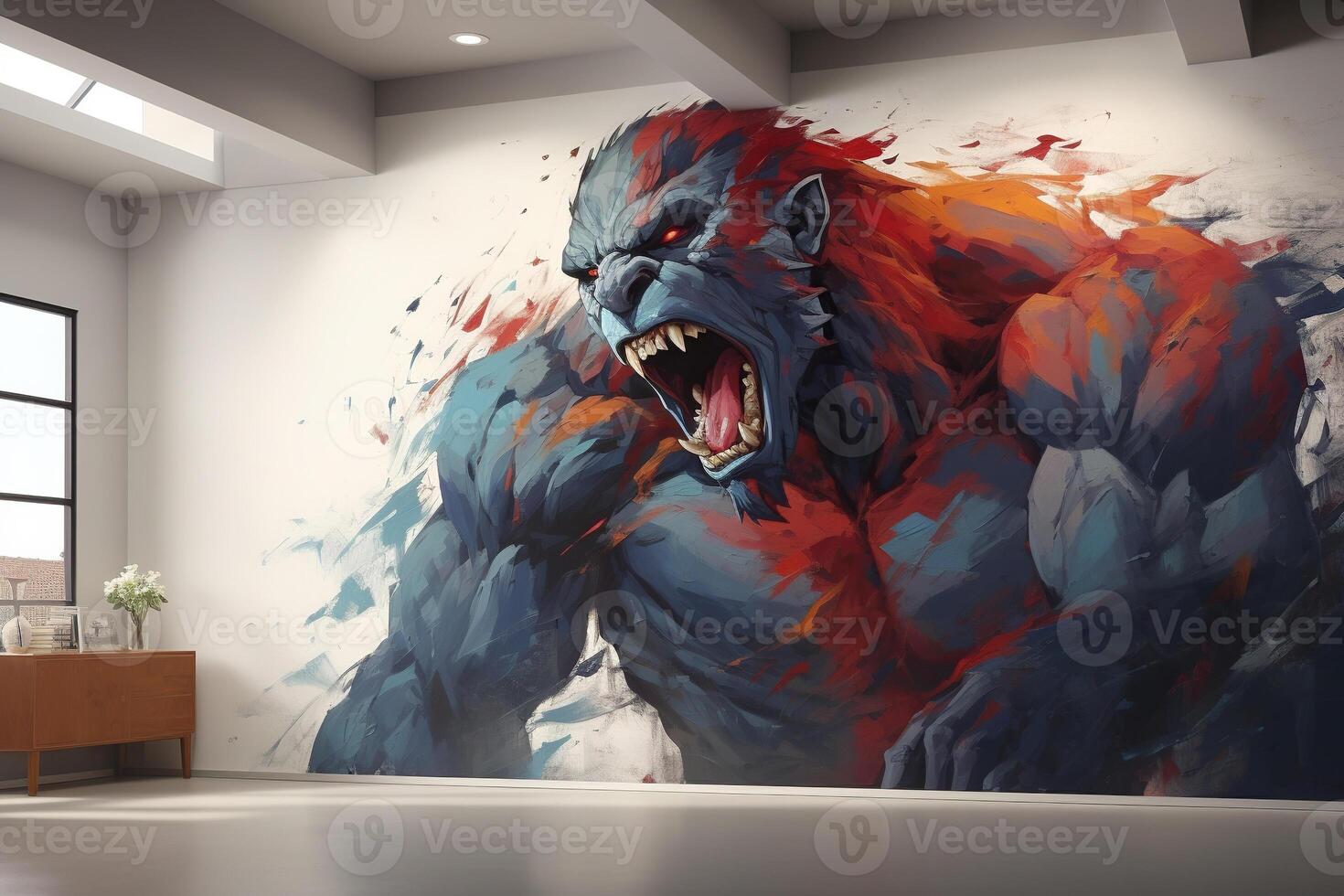 AI generated Drawing of an angry screaming gorilla on a white wall. Contemporary art of wall painting. Generated by artificial intelligence photo