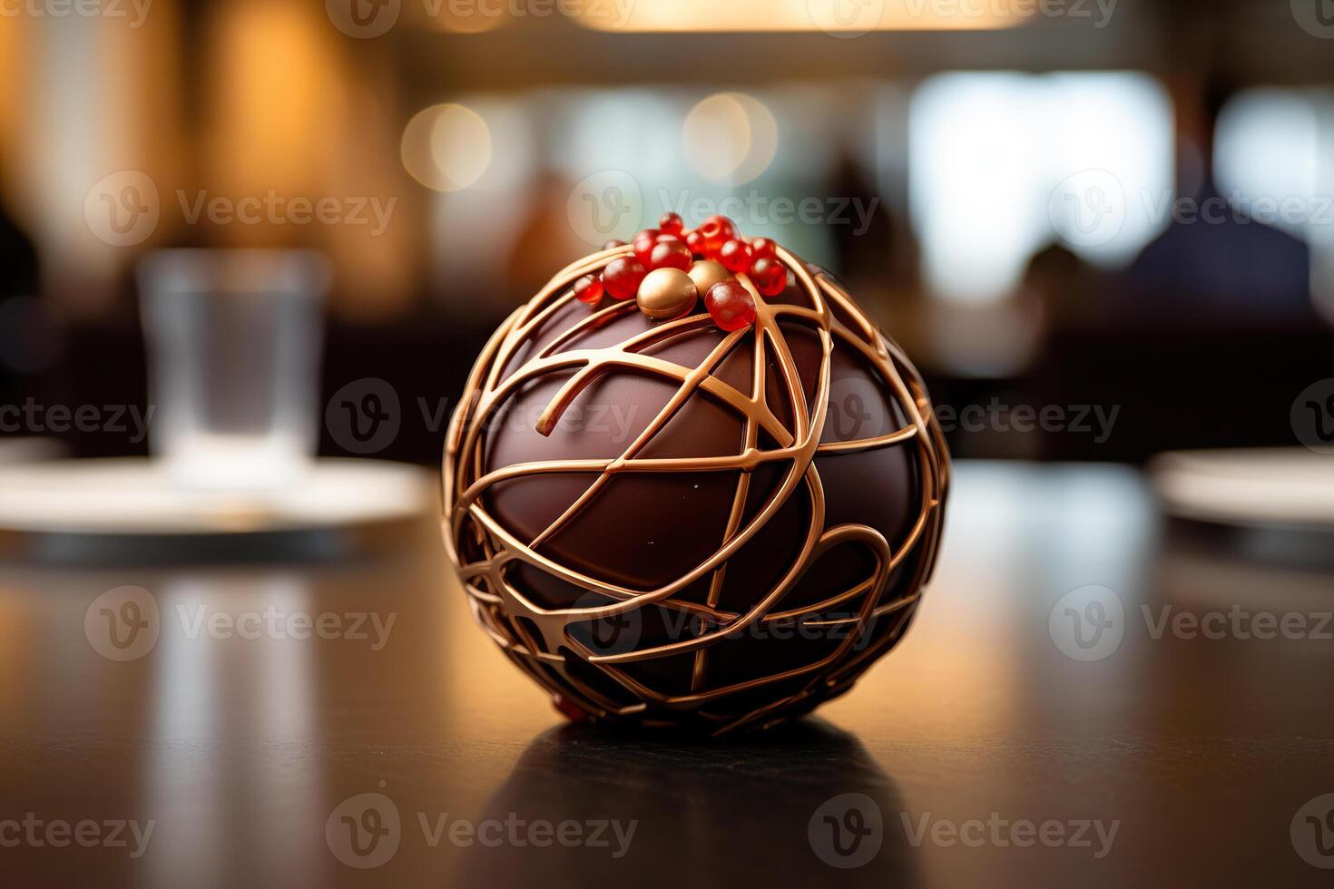 ai generado chocolate postre en el formar de un esfera con oro decoración en un de madera pararse. generado por artificial inteligencia foto