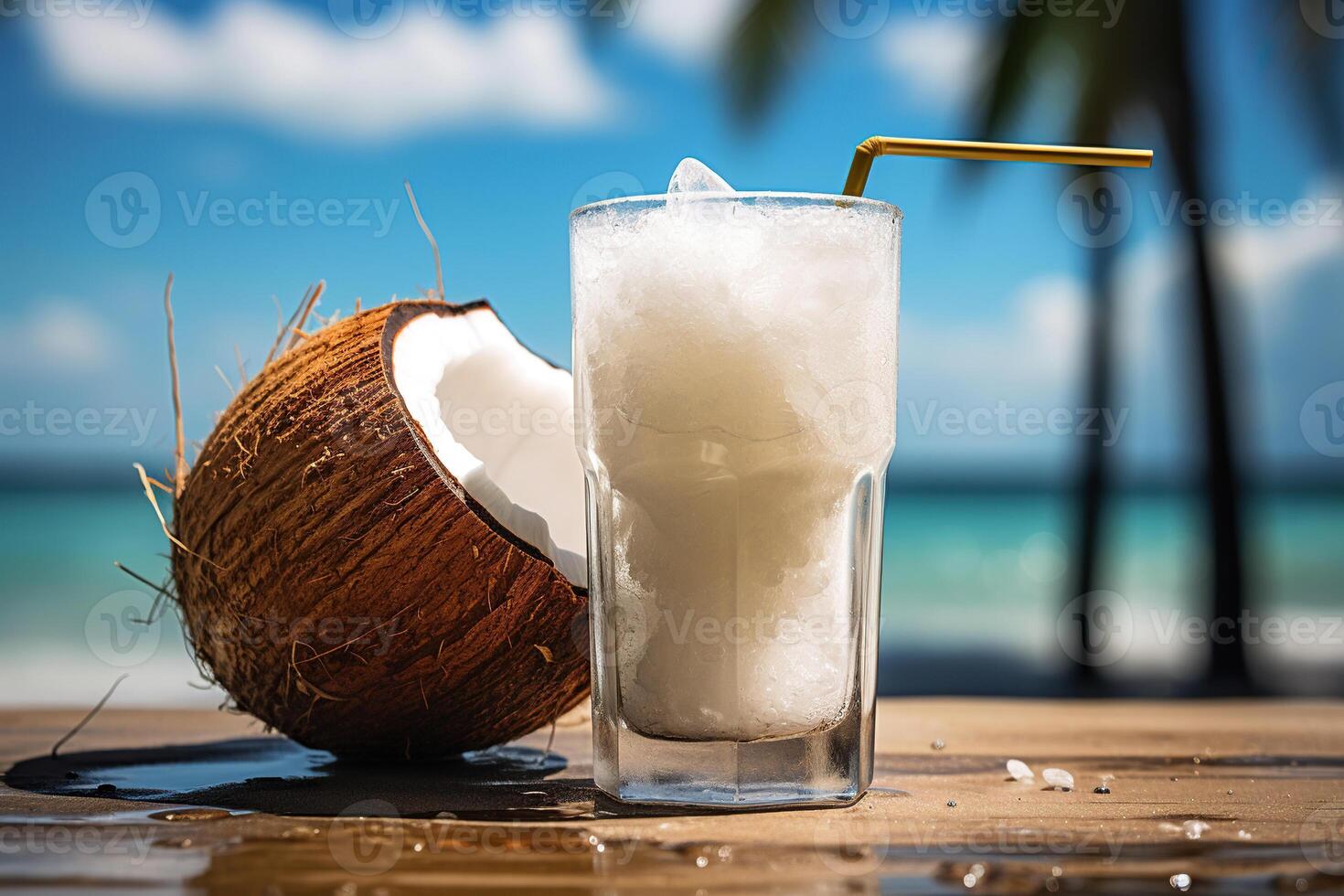 AI generated Cocktail with coconut milk on a blurred background of a tropical beach. Generated by artificial intelligence photo