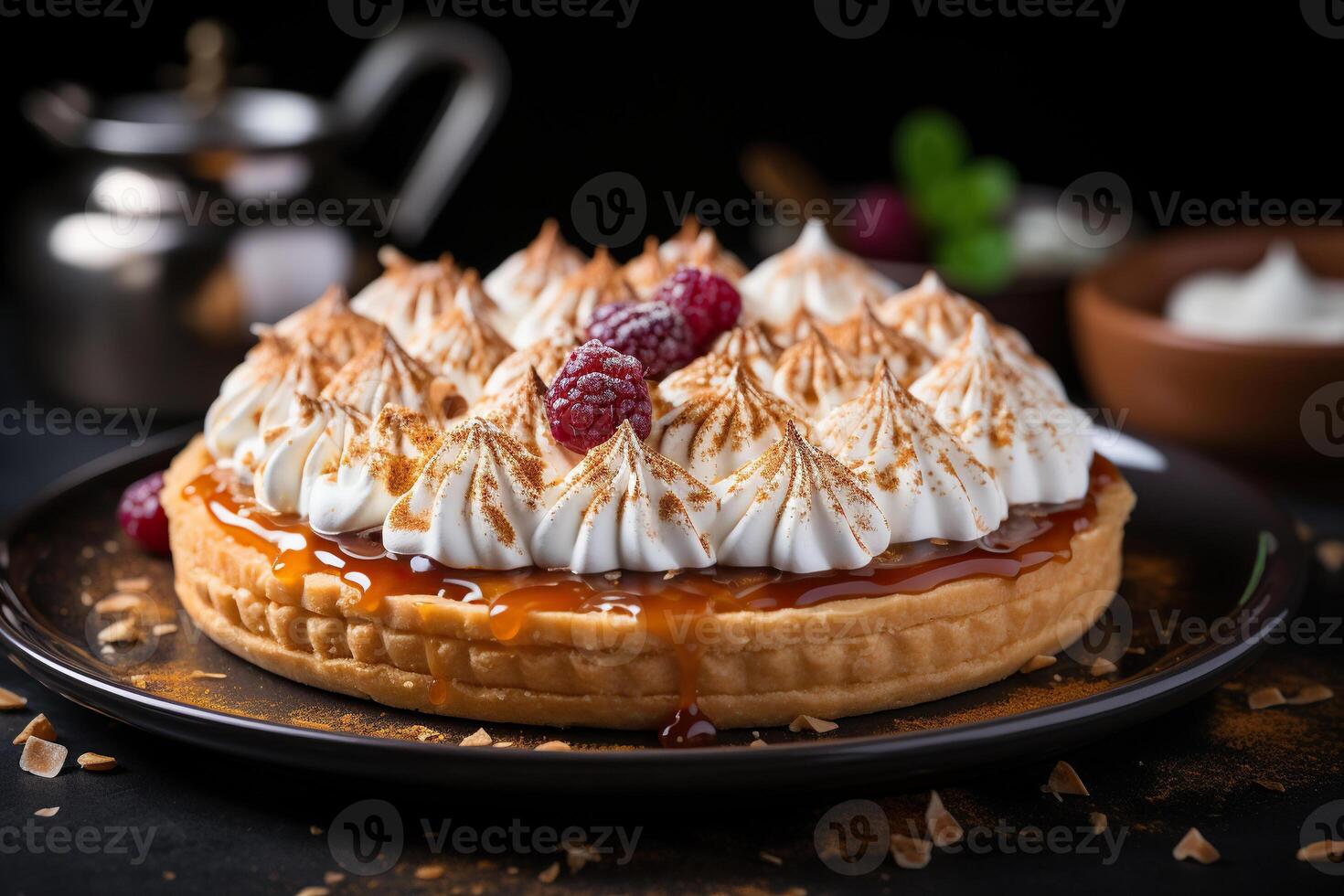 ai generado caramelo tarta con quemado merengue en parte superior en un oscuro antecedentes. restaurante comida concepto. generado por artificial inteligencia foto