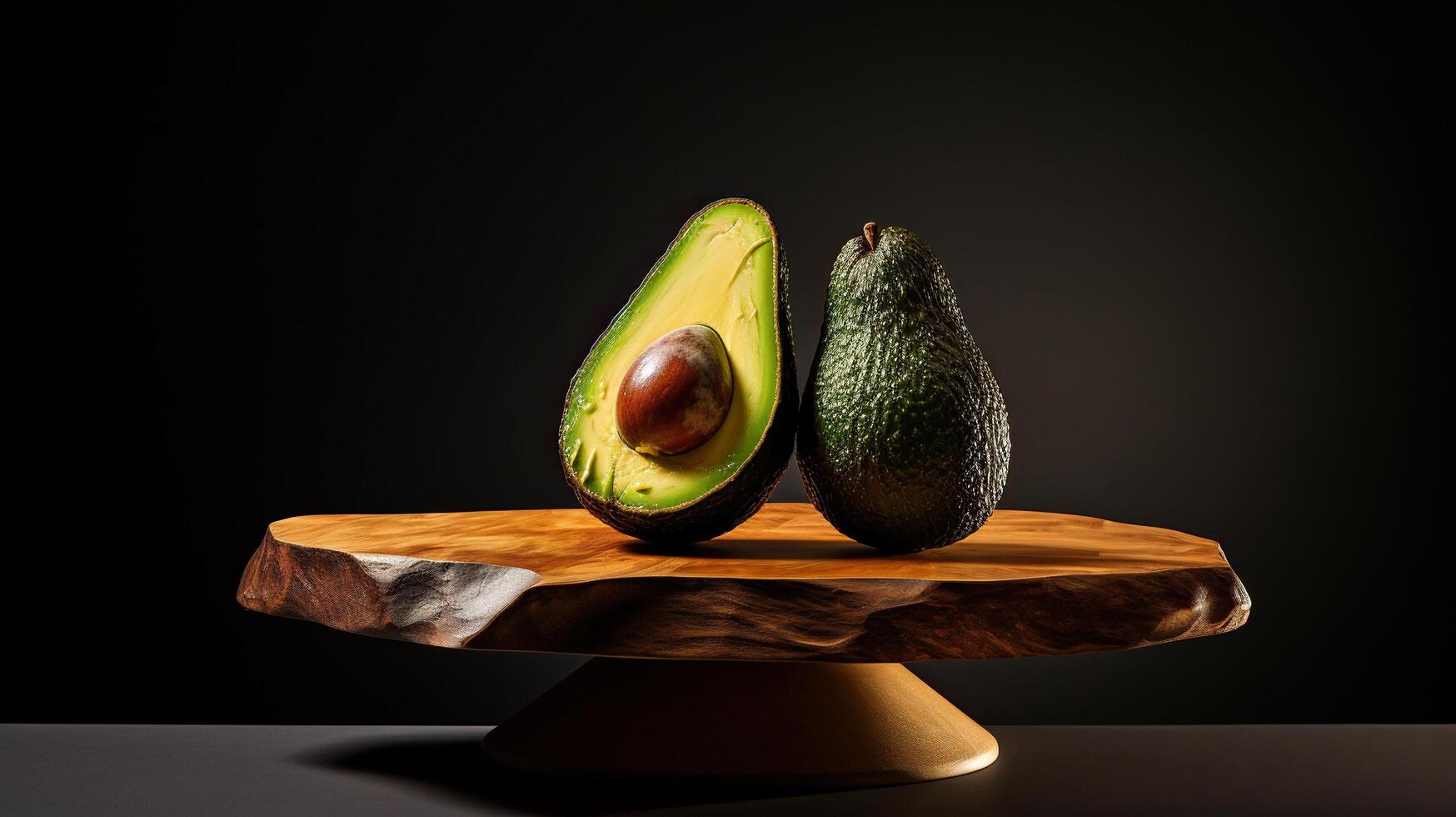 AI generated Studio photo of a whole and half avocado on a wooden stand. Generated by artificial intelligence