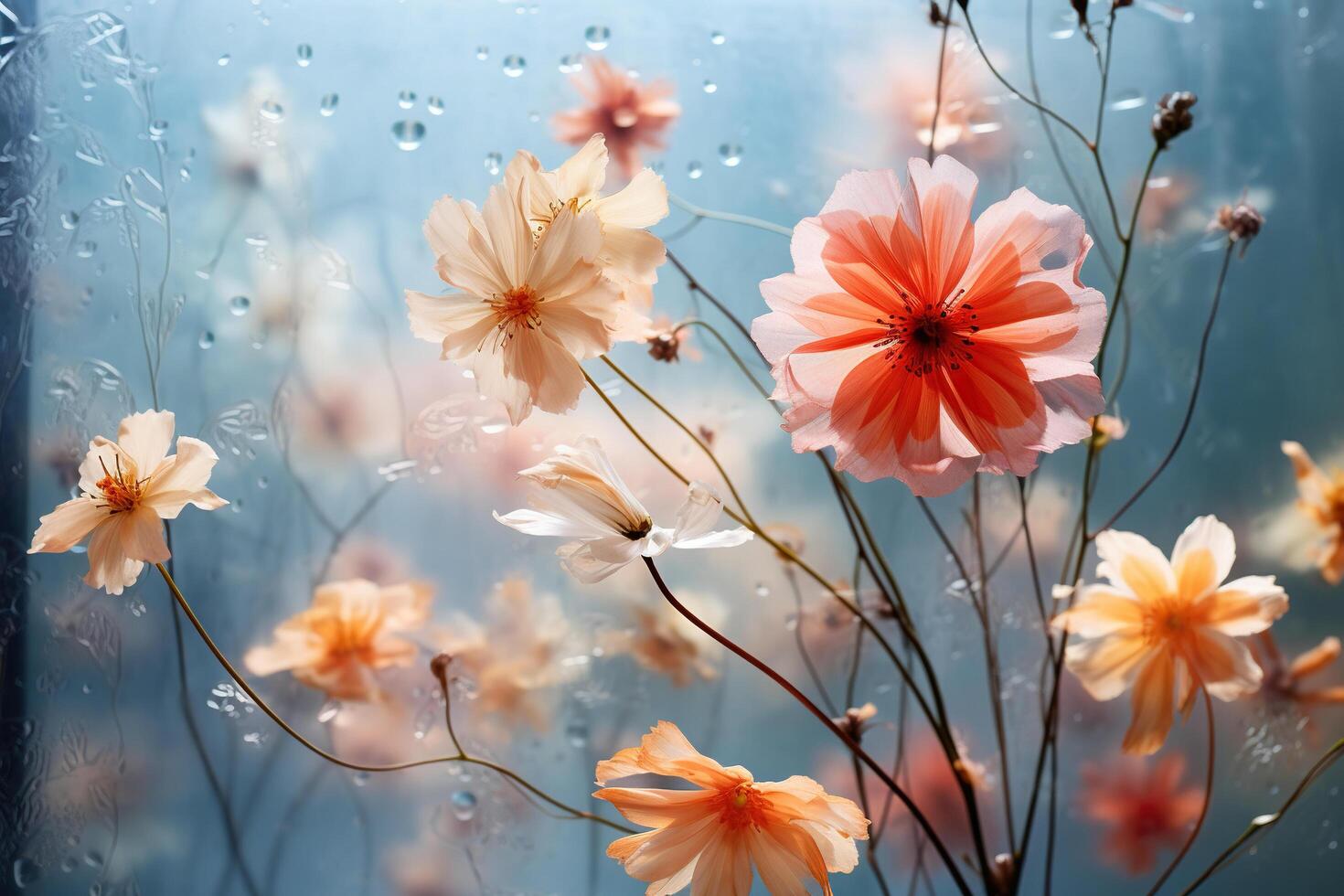 ai generado flores detrás transparente mojado vaso. resumen floral estético. generado por artificial inteligencia foto