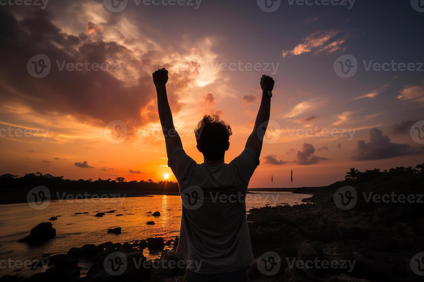 AI generated Silhouette of a happy man with his hands raised up against the backdrop of a sunset or dawn. Generated by artificial intelligence photo