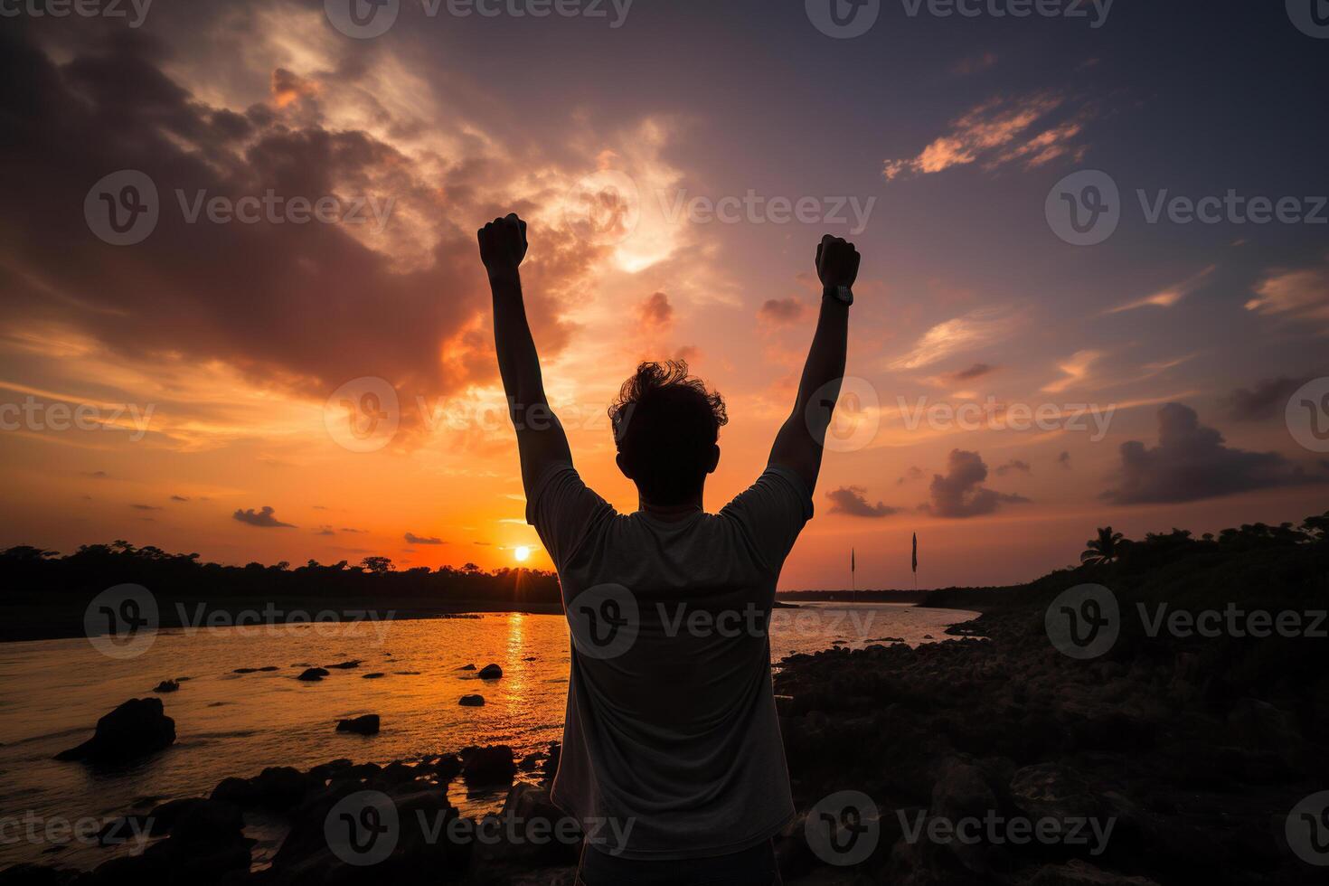 ai generado silueta de un contento hombre con su manos elevado arriba en contra el fondo de un puesta de sol o amanecer. generado por artificial inteligencia foto