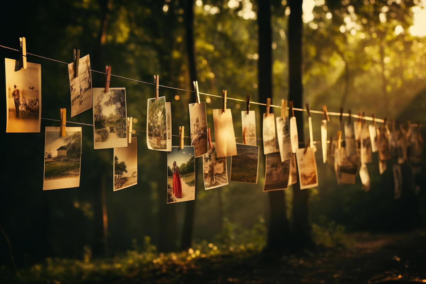 AI generated Vintage photos drying on a clothesline in a forest. Generated by artificial intelligence