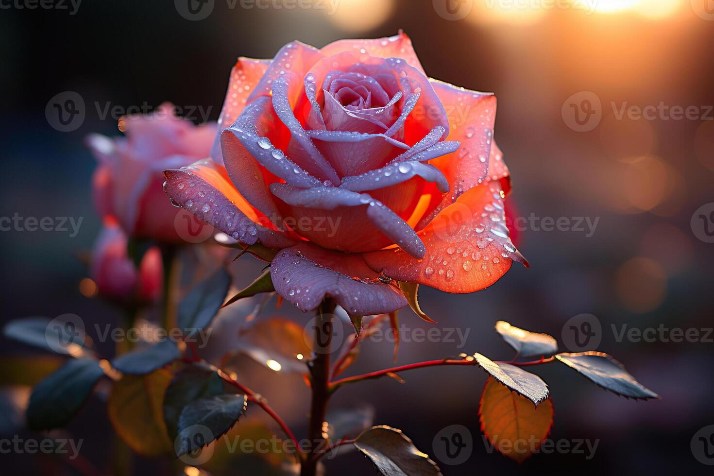 AI generated A beautiful rose with large drops of water on the petals in dramatic lighting. Generated by artificial intelligence photo