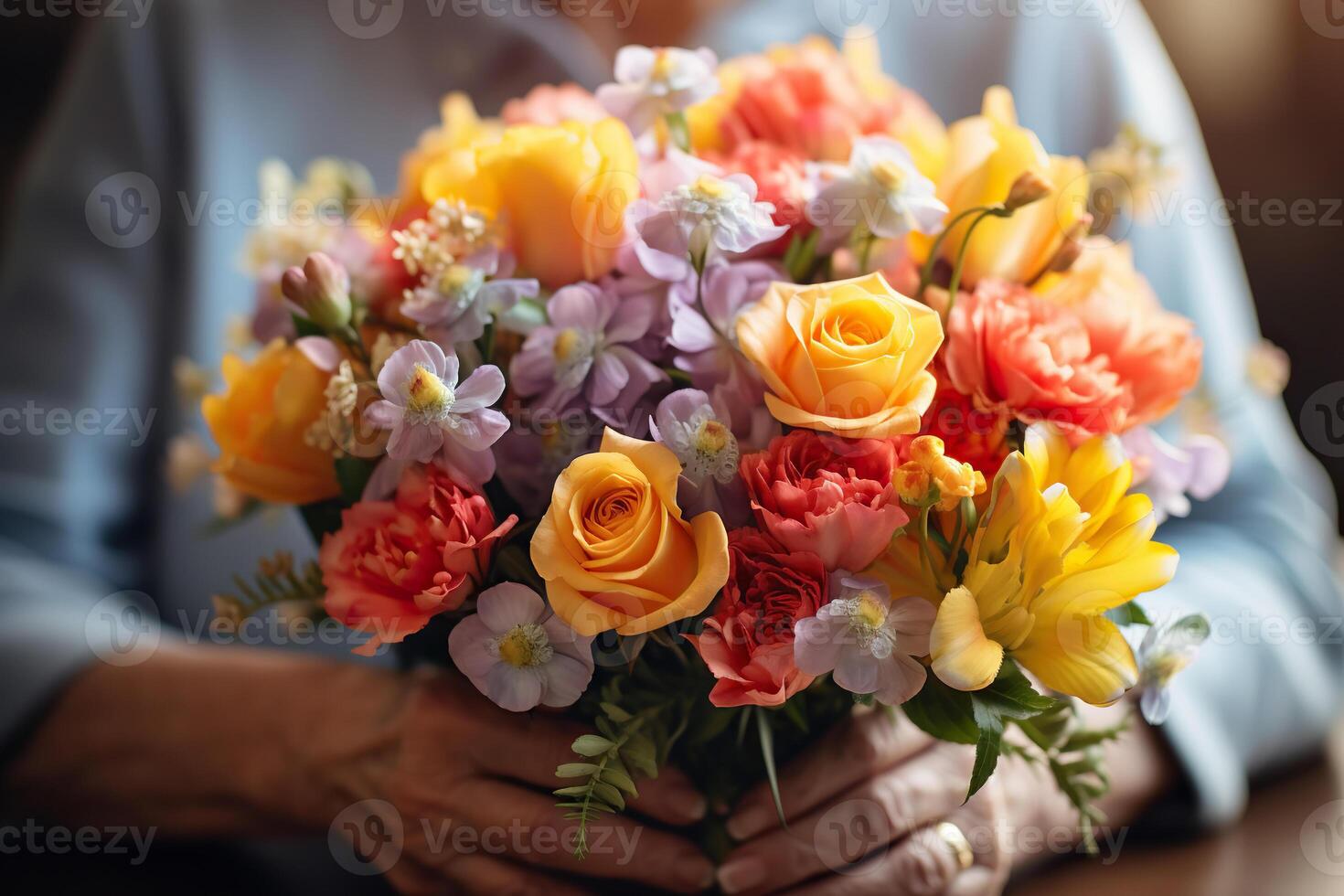 AI generated A beautiful bouquet of flowers in the hands of an elderly woman. Mother's day concept, March 8th. Generated by artificial intelligence photo