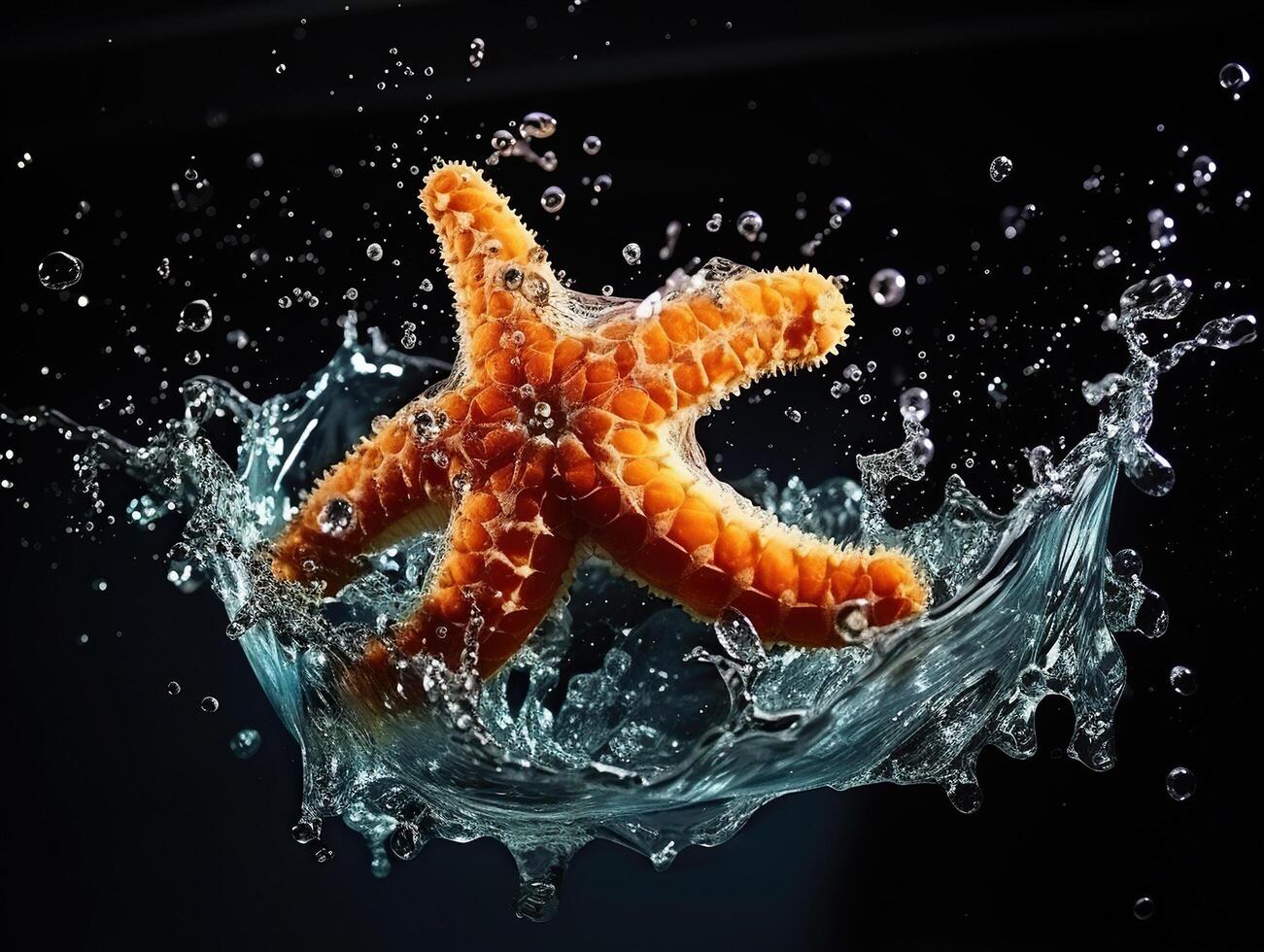 AI generated Starfish in splashes of water isolated on a black background. Generated by artificial intelligence photo