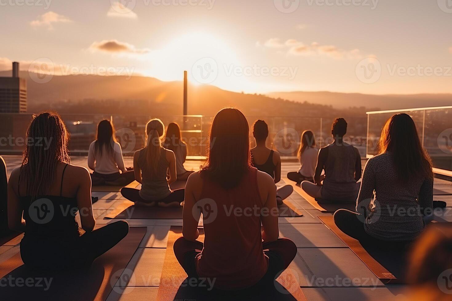 AI generated Group yoga class on the roof of a building in the sun. Generated by artificial intelligence photo