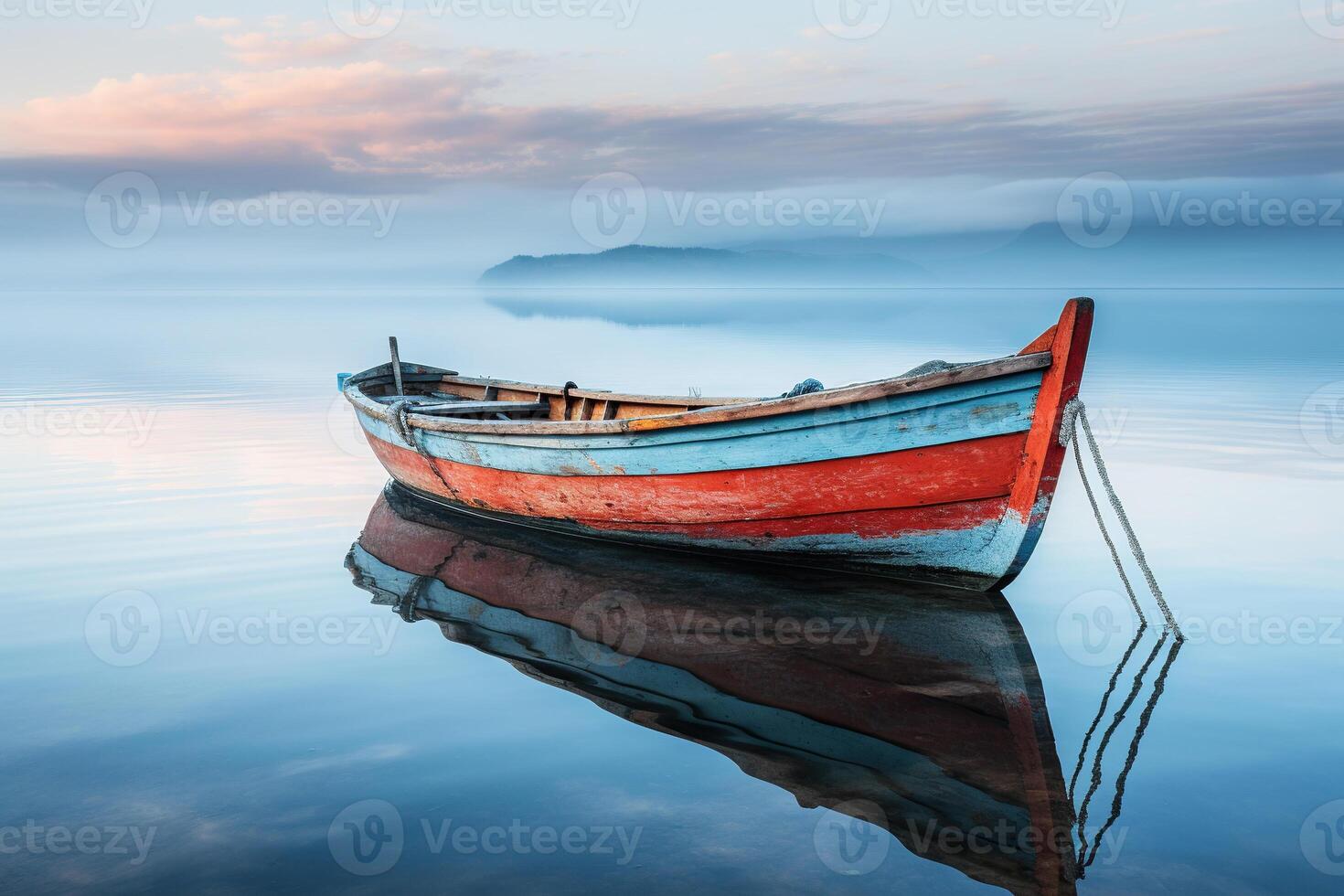 AI generated Old wooden boat in calm water in the fog. Reflection of a boat on the water. Generated by artificial intelligence photo