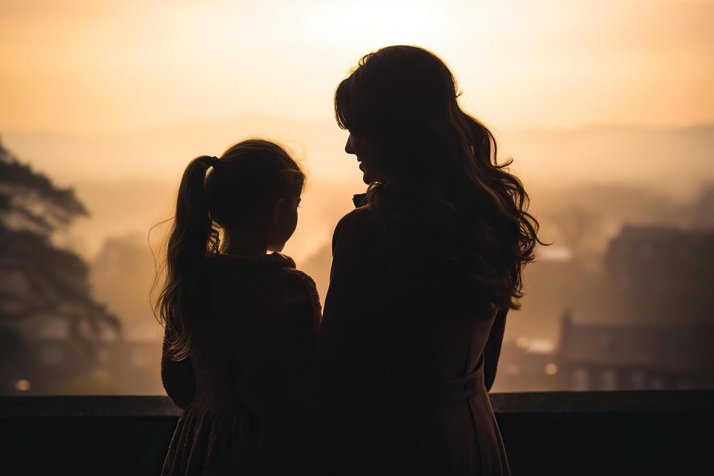 ai generado silueta de madre y hija abrazando cada otro en el puesta de sol ligero. generado por artificial inteligencia foto