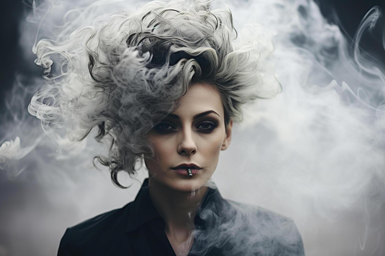 AI generated Portrait of a woman with a cigarette in clouds of tobacco smoke. Generated by artificial intelligence photo