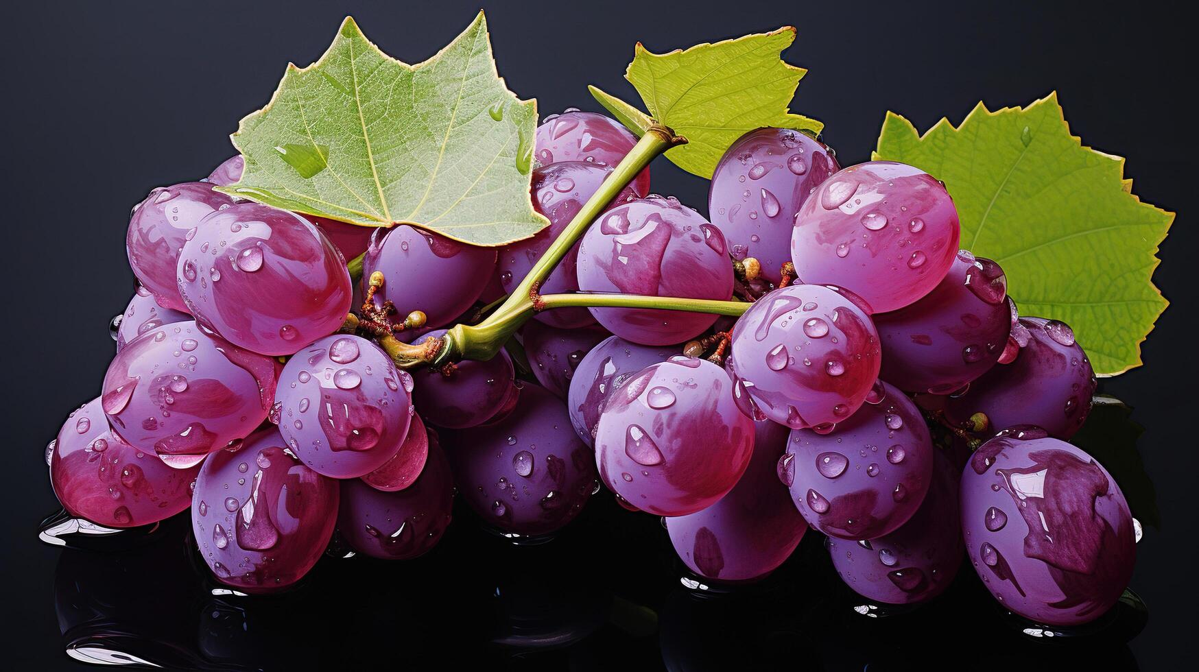 AI generated A bunch of large red grapes with leaves and water drops on a dark background. Generated by artificial intelligence photo