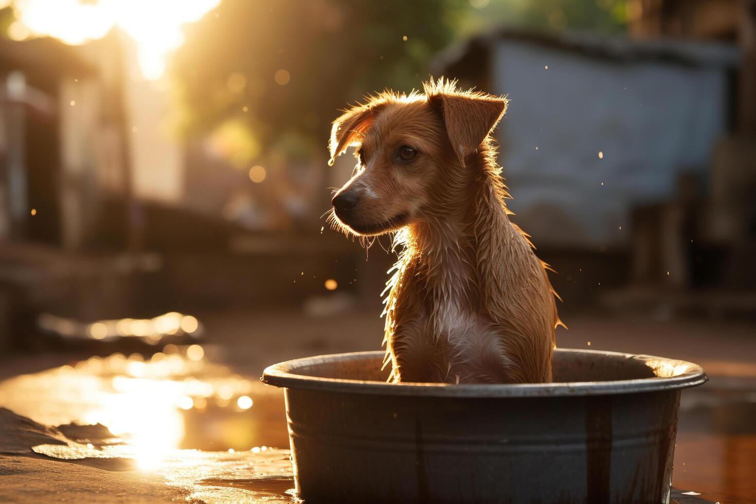 AI generated A funny puppy in an old rustic basin in splashes of water and rays of sun. Generated by artificial intelligence photo