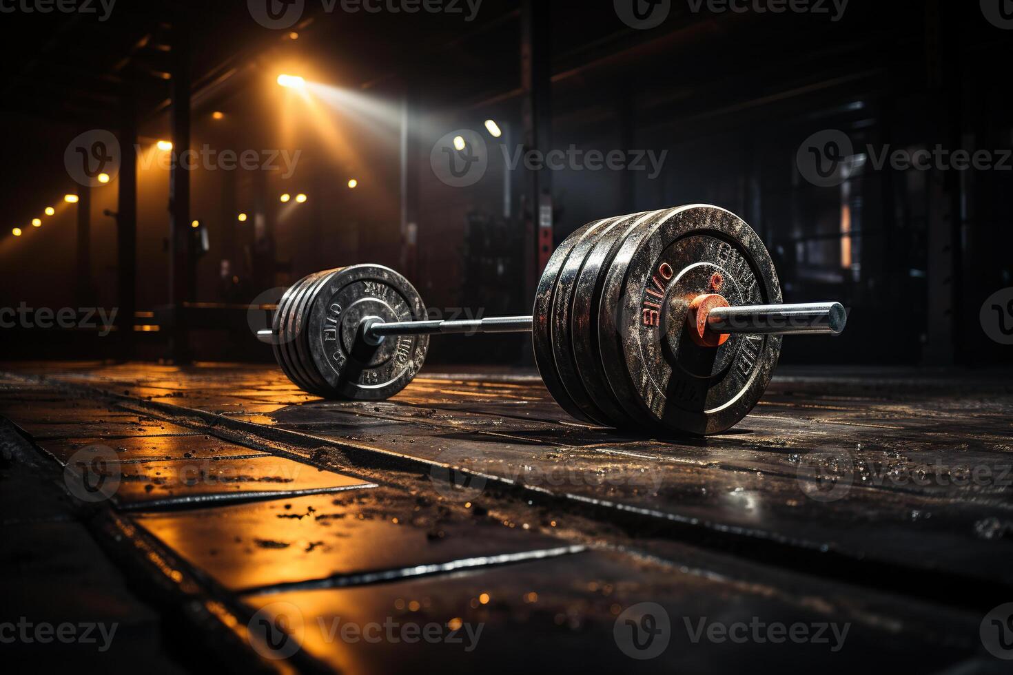 AI generated Barbell for fitness training on a wooden floor. Power training. Generated by artificial intelligence photo
