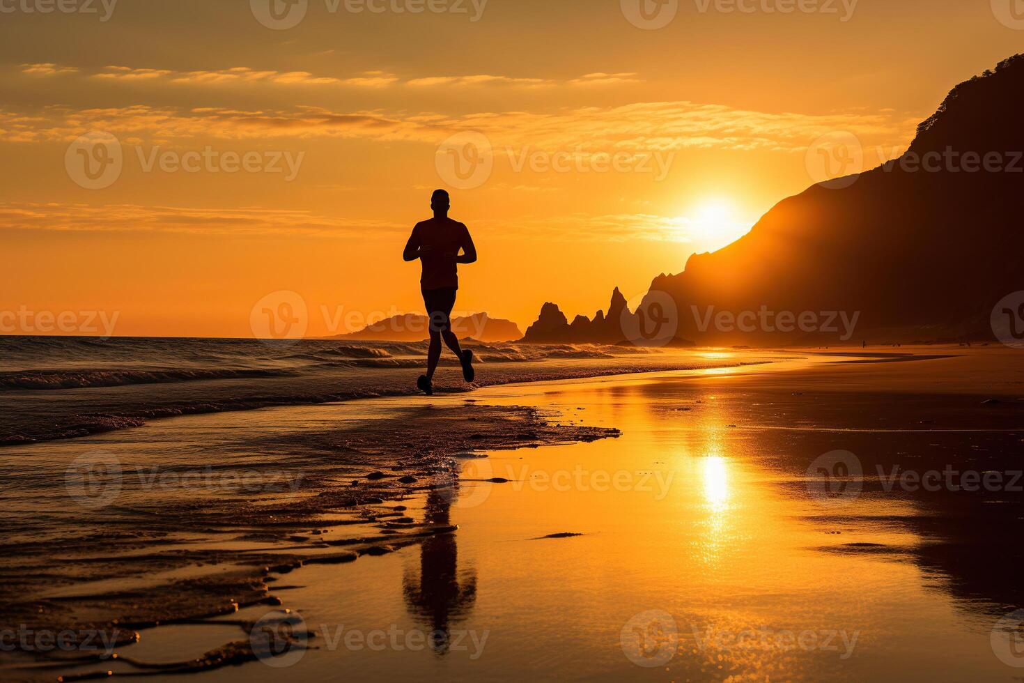 AI generated Silhouette of a man jogging along the shore at sunset and dawn. Running concept. Generated by artificial intelligence photo