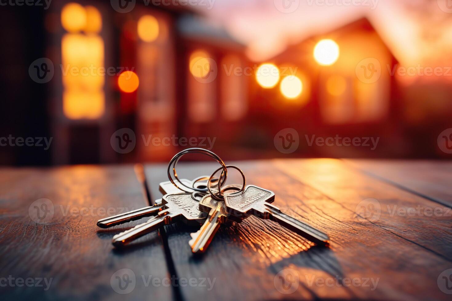 AI generated A bunch of keys from a new house on a wooden surface against a bokeh background. Generated by artificial intelligence photo